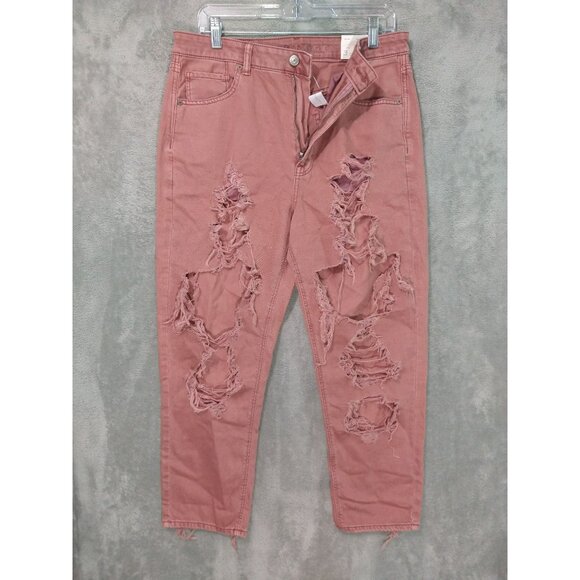 American Eagle Jeans Women 12 Short Red Denim Mom Jean High Rise Distressed - Picture 1 of 11